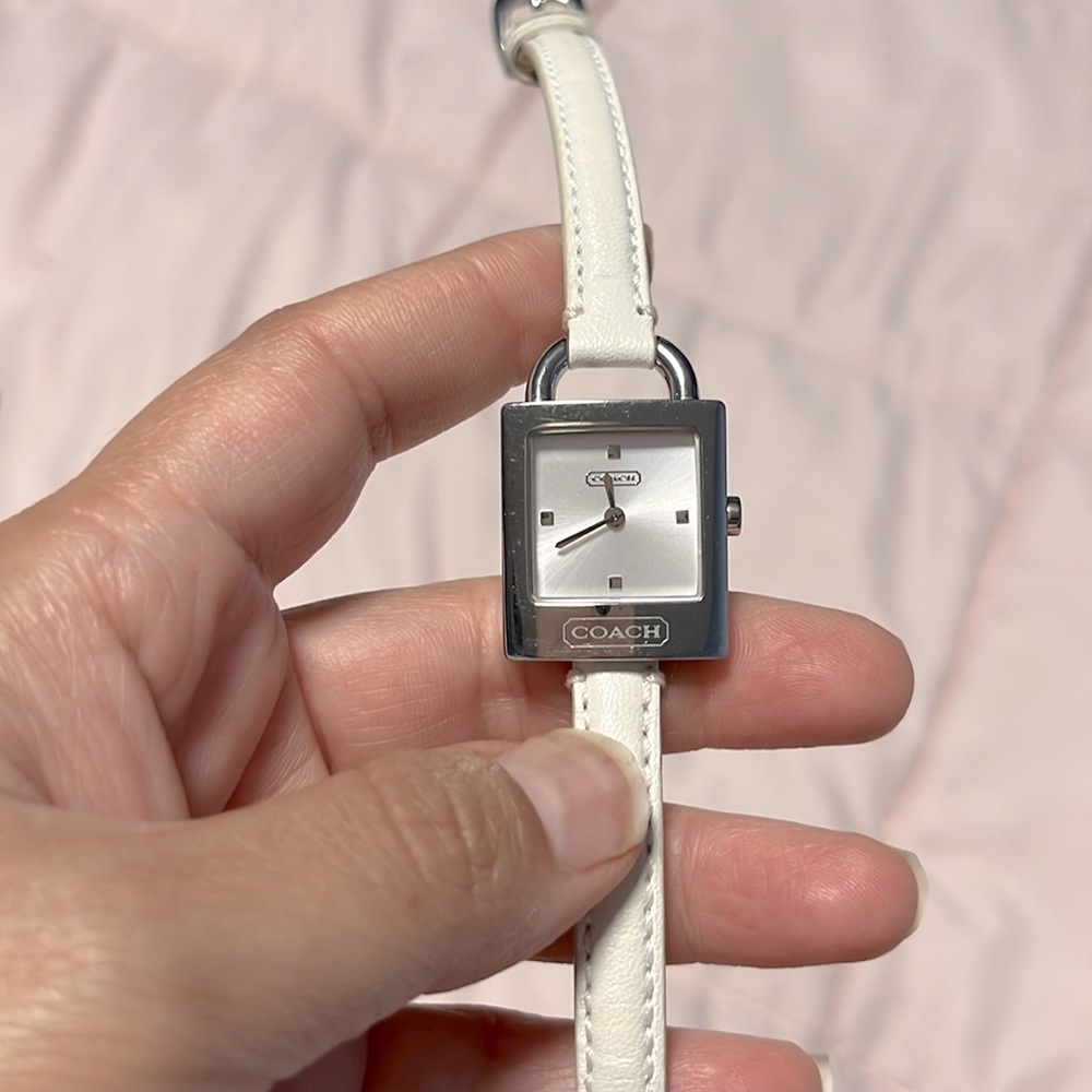 White leather belt Coach watch layered pattern